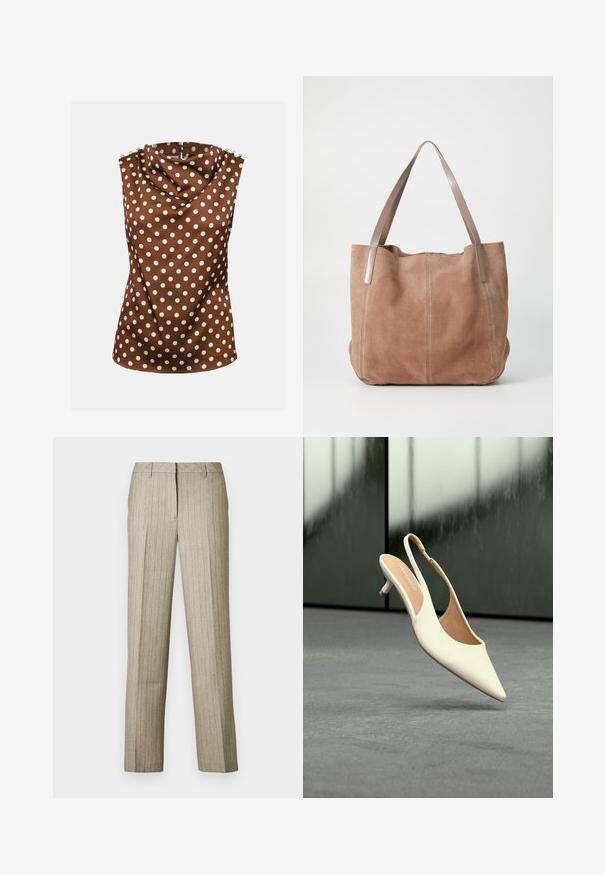 Blouse marron sans manches avec des pois blancs, col haut drapé et boutons décoratifs aux épaules.; Pantalon beige à fines rayures avec une coupe droite, doté d'une ceinture structurée et d'une texture subtile sur l'ensemble du tissu.; Chaussure femme beige à bout pointu avec bride arrière et petit talon kitten, flottant au-dessus d'un sol gris sur fond sombre flou.; Anna Field LEATHER - Cabas - taupe