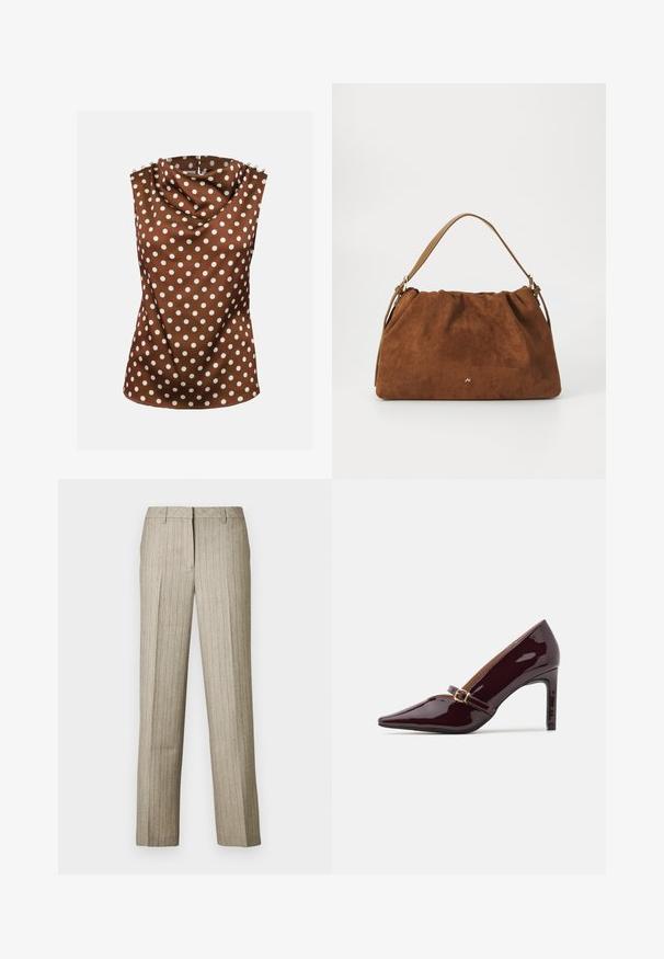 Blouse marron sans manches avec des pois blancs, col haut drapé et boutons décoratifs aux épaules.; Pantalon beige à fines rayures avec une coupe droite, doté d'une ceinture structurée et d'une texture subtile sur l'ensemble du tissu.; Chaussure à talon aiguille bordeaux en patent avec un embout pointu, une bride de cheville comportant des accents en métal doré, et une finition lisse et brillante. Talon stiletto surélevé.; Sac à main en daim marron avec un design plissé, arborant une seule sangle en cuir beige et un discret logo doré à l'avant.