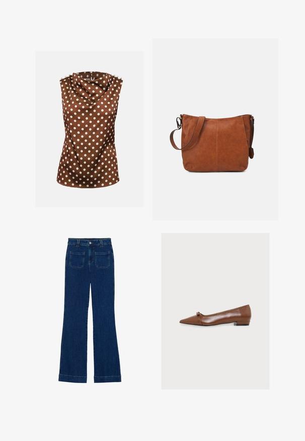 Mouwloze bruine blouse met witte polkadots, gedrapeerde hoge halslijn en decoratieve knopen op de schouders.; Donkerblauwe denim flared jeans met een gladde textuur, vijf zakken en een knoopsluiting aan de taille.; Bruine leren platte schoen met puntige neus, lage hak en een dunne band over de voorkant op een eenvoudige lichte achtergrond.; Bruine leren schoudertas met een gebogen vorm, verstelbare schouderriem en minimale stikdetails, met een ruime binnenkant.