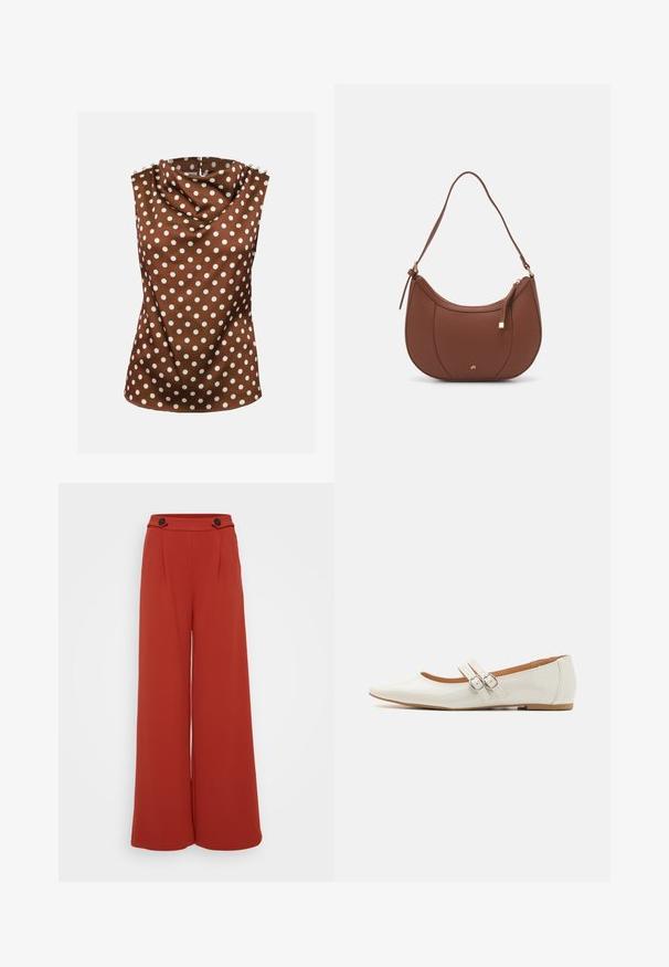 Blusa marrón sin mangas con lunares blancos, escote alto drapeado y botones decorativos en los hombros.; Pantalones anchos de talle alto en color rojo óxido con dos botones oscuros en la cinturilla sobre un fondo blanco.; Bailarinas de charol blanco con punta afilada, dos tiras decorativas con hebillas plateadas y una plantilla sutilmente marrón.; Bolso de hombro de imitación cuero marrón con forma curva, costura mínima y un acento de hardware en tono dorado. Presenta un cierre de cremallera en la parte superior y una correa ajustable.