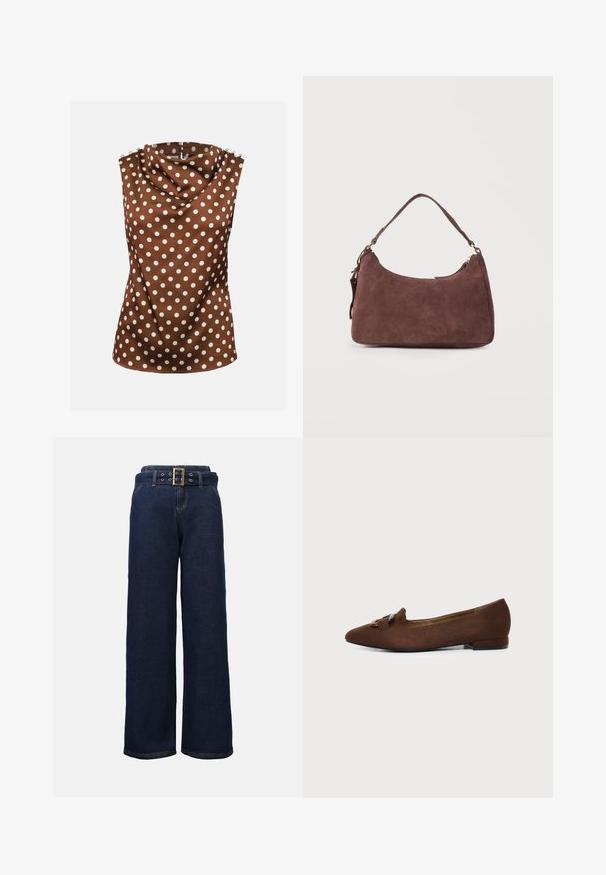 Mouwloze bruine blouse met witte polkadots, gedrapeerde hoge halslijn en decoratieve knopen op de schouders.; Donkerblauwe wijde denim broek met gestikte zakken en een bijpassende riem met een grote rechthoekige gouden gesp.; Bruine platte schoen met puntige neus en decoratief gespdetail bovenop, tegen een effen lichte achtergrond.; Bruine suède schoudertas met een enkele handgreep en een ritssluiting, afgebeeld tegen een effen lichte achtergrond.