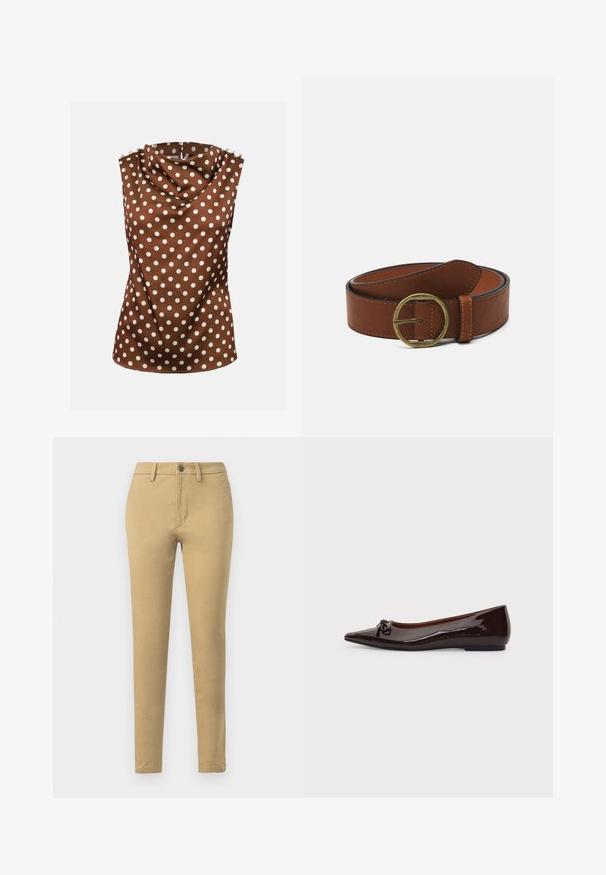 Ærmeløs brun bluse med hvide polkaprikker, draperet høj krave og dekorative knapper på skuldrene.; Khaki chinos lavet af en blanding af bomuldsstof, med slim fit, bæltestropper, frontlommer og en enkelt knaplukning.; Brun skinnende flad sko med spids tå, lille sløjfedetalje foran og lav hæl på en ensfarvet baggrund.; Brun læderbælte med en rund messingspænde, der har en glat overflade og kontrasterende syninger langs kanterne.