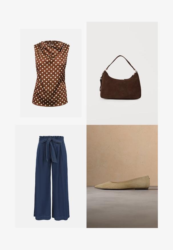 Blouse marron sans manches avec des pois blancs, col haut drapé et boutons décoratifs aux épaules.; Pantalon bleu marine taille haute à jambes larges, avec un devant plissé et une ceinture en tissu nouée à la taille.; Chaussure plate beige à bout pointu avec une semelle noire flottant au-dessus d'un tapis beige texturé, avec un canapé beige rembourré en arrière-plan.; Sac à bandoulière en daim marron avec une seule sangle et une fermeture éclair sur un fond clair uni.