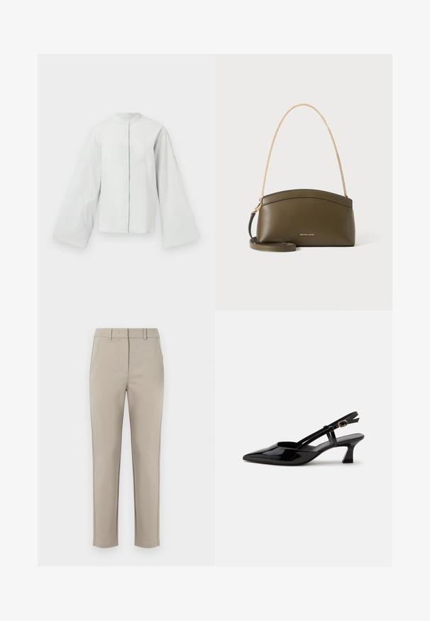 Veste gris clair texturé avec un col mandarin, des manches évasées longues et une fermeture à boutons à l'avant. Détail de surpiqûres subtils au niveau des poignets.; MM by MaxMara EFFETTO - Pantalon classique - sand; Chaussure slingback en cuir verni noir à petit talon, bout pointu et bride réglable avec boucle dorée sur fond blanc.; Sac à main Michael Kors vert olive avec bandoulière en chaîne dorée, dessus courbé et petit logo doré sur le devant, présenté sur fond blanc.