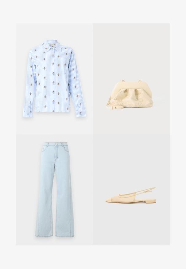 Lyseblå og hvide sætrede skjorte med lange ærmer, knapper foran, små broderede bier over det hele og en brystlomme foran.; Lysblå denim wide-leg jeans har høj talje, frontlommer og synlige stiksyninger på sømmene og kanten.; Slingback fladsko i lys beige med en mesh-overdel, spids tå og en lav hæl. Har en justerbar strop for bedre pasform.; Håndtaske i kremfarvet stof med blomsterbroderi, blød afrundet topramme og justerbar rem, lagt foran på en lysegrå baggrund.
