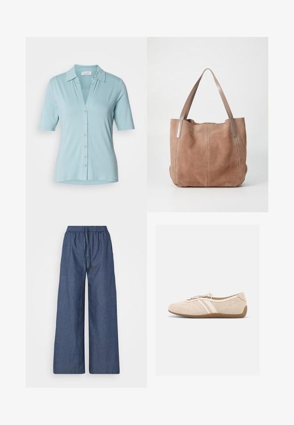 Chemise collerette à manches courtes bleu clair avec un col en V et une fermeture à boutons, fabriquée dans un tissu doux. Présente une texture lisse et une coupe décontractée.; Pantalons amples légers à rayures bleues et blanches, avec une taille à cordon de serrage et un bandeau élastique, en tissu doux et à coupe décontractée.; Chaussure plate en daim beige avec deux bandes en cuir blanc sur le côté, une semelle marron, et une fermeture à cordon coulissant sur le dessus.; Anna Field by Zalando LEATHER - Cabas - taupe
