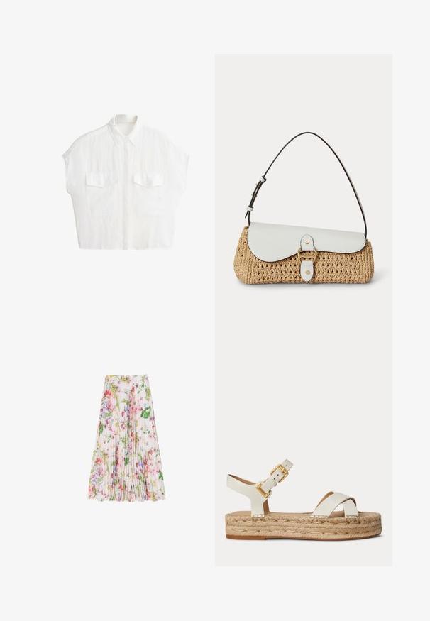 Chemise blanche à manches courtes avec boutons, col et deux poches avant à rabat, présentée sur un fond blanc uni.; Jupe plissée florale en tissu léger, avec un mélange de teintes rose, verte et violette. Tombe sous le genou avec une taille froncée.; Sandale à plateforme en cuir blanc avec semelle en jute tressée, bride de cheville avec boucle dorée et brides croisées sur l’avant sur fond uni.; Sac à main en paille tissée avec rabat en cuir blanc, boucle dorée et bandoulière réglable marron foncé sur fond blanc.