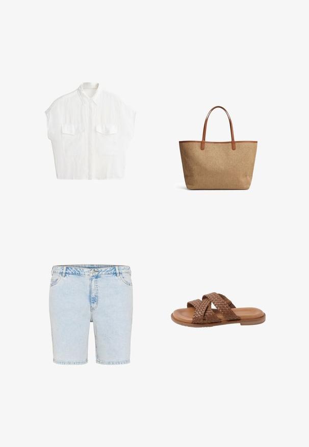 Wit overhemd met korte mouwen, knopen, kraag en twee voorzakken met klep, afgebeeld tegen een effen witte achtergrond.; Lichtblauwe denim shorts met een rechte snit, vijf zakken en zichtbare stiksels. Voorzien van een knoop- en ritssluiting.; Bruine leren slidesandaal met twee brede gevlochten bandjes die over de voet kruisen en een platte zool, geïsoleerd op een witte achtergrond.; Beige geweven draagtas met bruine leren handvatten en biezen, rechthoekige vorm en ruime binnenkant, weergegeven op een witte achtergrond.
