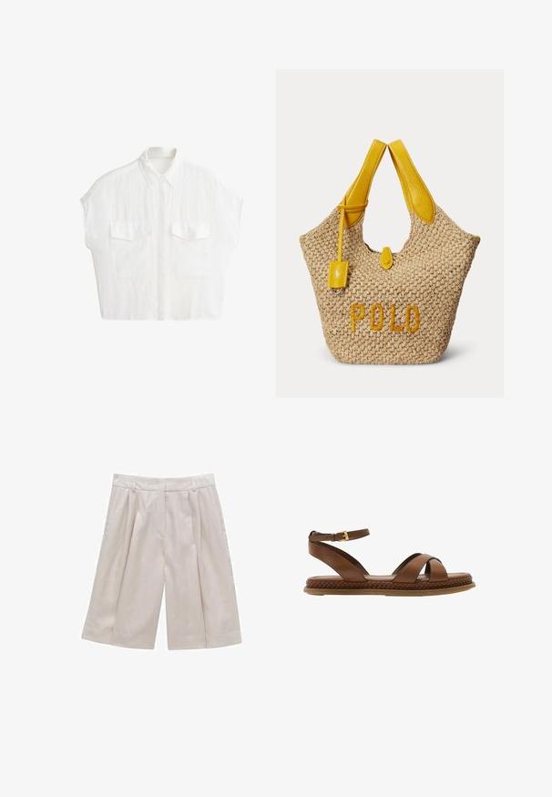 Wit overhemd met korte mouwen, knopen, kraag en twee voorzakken met klep, afgebeeld tegen een effen witte achtergrond.; Beige geplooide culottes van lichtgewicht stof, met een hoge taille en wijde benen, een zachte textuur en zonder zichtbare patronen.; Bruine leren platte sandaal met enkelriem, gekruiste teenriempjes en gevlochten detail langs de rand van de zool.; Beige geweven totebag met gele leren handvatten, een klein geel leren label en het woord "POLO" in geel geborduurd aan de voorkant.
