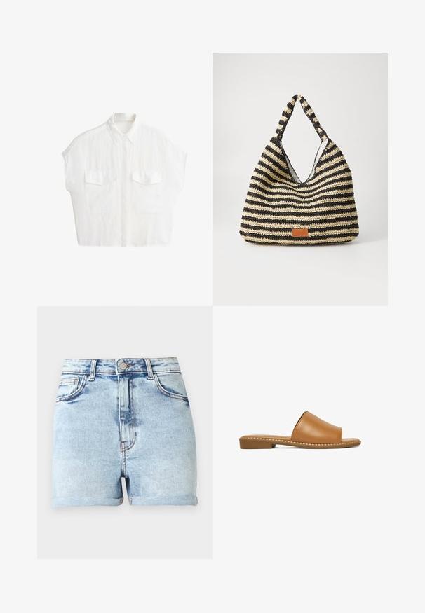 Hvid kortærmet skjorte med knapper og krave samt to forlommer med klap, vist på en ensfarvet hvid baggrund.; Lyseblå denimshorts med høj talje, fem lommer og opkrogede kanter. Har diskret falmet effekt og kobberfarvet hardware.; Brun læder slip-on sandal med lav hæl og syet sål, vist fra siden på hvid baggrund.; Stribet vævet taske i sort og beige, med et slouchy design, tekstureret overflade og et lille lædermærke.