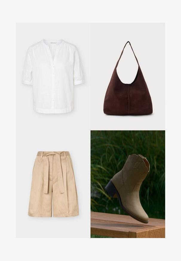 Blouse blanche manches courtes à col mandarin, boutonnée sur le devant, avec légères fronces aux épaules et aux poignets.; Short beige taille haute avec passants pour ceinture, ceinture en tissu à nouer et jambes larges, présenté sur un fond uni.; Bottine en daim couleur fauve avec surpiqûres décoratives et petit talon carré, posée au bord d'une surface en bois en extérieur.; Sac hobo en daim marron avec une grande ouverture courbée et une large bandoulière. Présente une couture centrée à l'avant. Texture lisse.