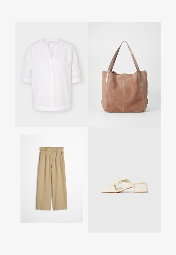 Blouse blanche manches courtes à col mandarin, boutonnée sur le devant, avec légères fronces aux épaules et aux poignets.; Pantalon beige à jambes larges avec taille élastique et détails ourlés, présenté à plat sur un fond clair.; Sandales à talons bloc couleur crème avec des brides torsadées et un lit de pied plat. Matériau synthétique lisse avec une finition mate.; Anna Field by Zalando LEATHER - Cabas - taupe