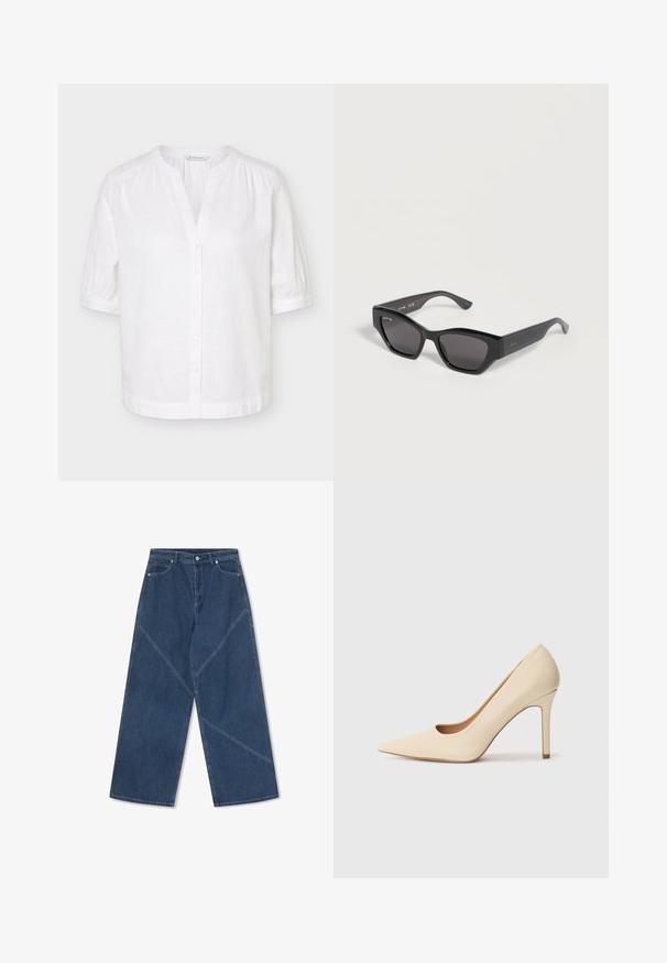 Weiße Kurzarmbluse mit Stehkragen, Knopfleiste vorne und leichten Raffungen an Schultern und Bündchen.; Blaue Jeans im weiten Bein mit kontrastierenden diagonalen Nähten sowie strapazierfähigem Knopf- und Reißverschluss. Der Stoff hat eine glatte, langlebige Textur.; Beige Leder-Pumps mit hohen Absätzen, spitz zulaufend und mit einer seitlichen Aussparung, ausgestattet mit einem schlanken Stiletto-Absatz für zusätzliche Unterstützung.; Schwarze, eckige Sonnenbrille mit dunklen Gläsern und kleinem silbernem Krokodil-Logo am Bügel, auf einer weißen Oberfläche liegend.