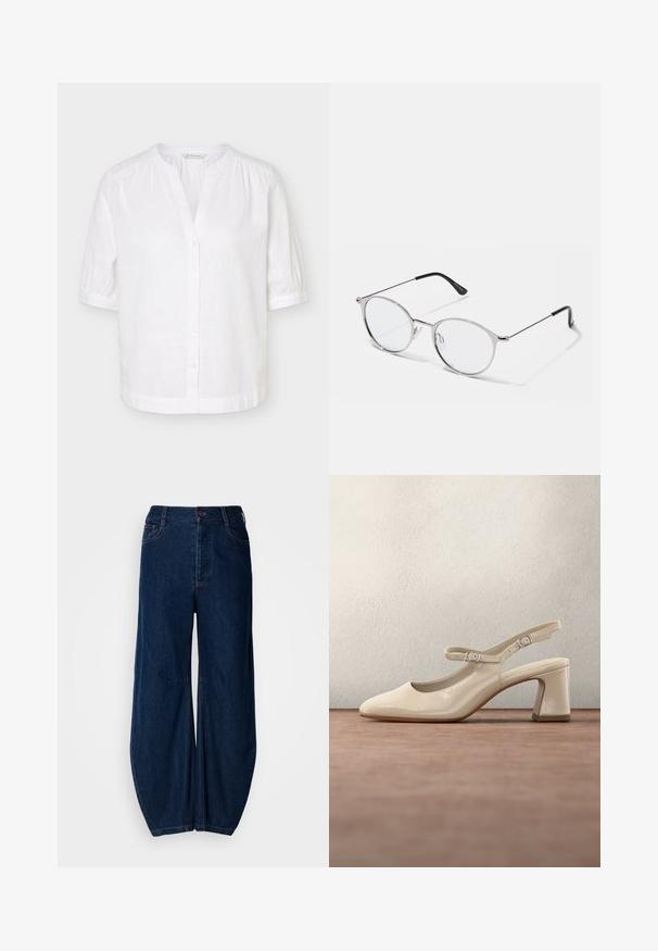 Blouse blanche manches courtes à col mandarin, boutonnée sur le devant, avec légères fronces aux épaules et aux poignets.; Jean large en denim bleu foncé avec une taille haute, une fermeture à bouton et deux poches avant. Présente une texture lisse et des coutures visibles.; Chaussure slingback en cuir beige clair avec un petit talon bloc et deux boucles argentées réglables sur un fond de sol gris.; Lunettes en métal argenté avec des verres ronds et une fine monture. Les embouts de branches noirs offrent un contraste. Plaquettes de nez ajustables incluses.