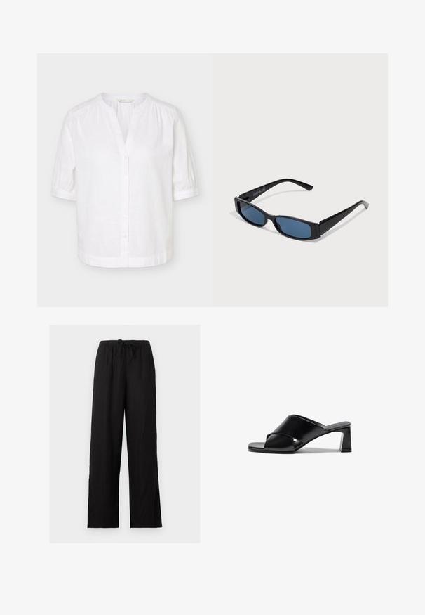 Blouse blanche manches courtes à col mandarin, boutonnée sur le devant, avec légères fronces aux épaules et aux poignets.; Pantalon noir à jambes larges avec taille élastique et cordon, fabriqué en tissu léger, présenté sur un fond uni.; Sandales à talons en cuir noir avec un design à lanières croisées, un bout carré et un talon bloc. Texture lisse avec peu de détails.; Lunettes de soleil noires avec une monture rectangulaire élégante et des verres bleus. Présente une texture lisse et des branches robustes. Logo de la marque sur le côté.