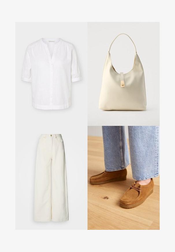 Hvid kortærmet bluse med mandarinhals, knapper foran og let rynkede skuldre og manchetter.; Bredbenede bukser lavet af letvægtsstof i off-white. Har høj talje, forlommer og knaplukning.; Brune ruskindsko med en rund tå og tanfarvet gummisål, der har et simpelt snørebåndsdesign, parret med lyseblå denimbukser.; Hobo-taske i cremefarvet læder med en enkelt skulderrem, glat tekstur og et guldfarvet spænde foran.