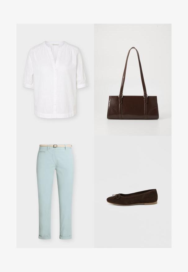 Blouse blanche manches courtes à col mandarin, boutonnée sur le devant, avec légères fronces aux épaules et aux poignets.; Pantalon bleu clair ajusté avec revers et ceinture tissée écrue sur un fond uni.; Ballerines en daim marron avec un bout arrondi, un petit nœud décoratif à l'avant et une semelle plate beige. Design simple et minimaliste.; Sac à main en cuir verni marron de forme rectangulaire, avec deux longues poignées et des accents courbés subtils à l'avant.