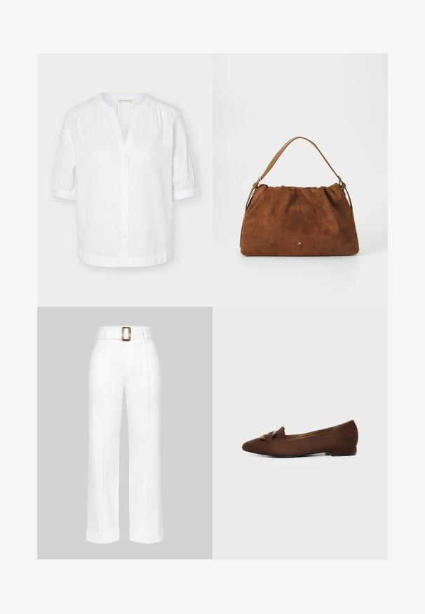 Witte blouse met korte mouwen, mandarijnkraag, knoopsluiting aan de voorkant en lichte plooitjes op de schouders en manchetten.; Witte wijde broekspijpen van katoen. Heeft een hoge taille met een grote rechthoekige gespen, en gestikte details langs de benen.; Bruine platte schoen met puntige neus en decoratief gespdetail bovenop, tegen een effen lichte achtergrond.; Bruine suède handtas met een geplooid ontwerp, voorzien van een enkele tan kleur leren schouderband en een subtiele gouden logo-detail aan de voorkant.