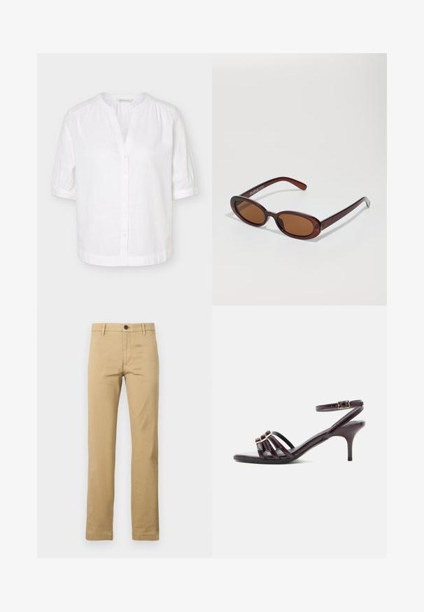 Weiße Kurzarmbluse mit Stehkragen, Knopfleiste vorne und leichten Raffungen an Schultern und Bündchen.; Khaki Chinos aus Baumwolle mit geradem Bein, zwei vorderen Taschen, einem abnehmbaren Knopfverschluss und Gürtelschlaufen, mit einer glatten Textur.; Dunkelviolette Riemchensandalette mit dünnem Knöchelriemen, quadratischer Spitze, drei vorderen Riemen mit goldenen Schnallen und schlankem mittelhohem Absatz.; Runde, braun getönte Sonnenbrillen mit einem glänzenden burgunderfarbenen Rahmen. Schlanke Bügel mit dezentem Branding. Flaches Linsendesign.