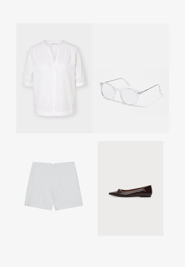 Witte blouse met korte mouwen, mandarijnkraag, knoopsluiting aan de voorkant en lichte plooitjes op de schouders en manchetten.; Witte shorts met een op maat gemaakte uitstraling, vlakke voorkant, twee zijzakken en een nette zoom. Gemaakt van een soepel materiaal zonder zichtbare patronen.; Donkerbruine laklederen ballerina met een spitse neus, kleine strik aan de voorkant en een lage zwarte zool, getoond op een witte achtergrond.; heldere rond-frame brillen met transparante kunststof lenzen en zilveren metalen armen. Minimalistisch ontwerp met subtiele details bij de scharnier.