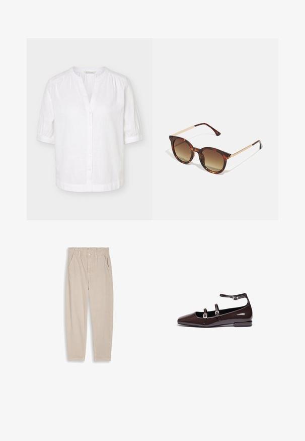 Blouse blanche manches courtes à col mandarin, boutonnée sur le devant, avec légères fronces aux épaules et aux poignets.; Pantalon beige à jambes droites avec taille élastique, passants pour ceinture, fermeture par bouton et poches avant, présenté sur un fond uni.; Ballerines en cuir verni marron avec un bout pointu, présentant deux sangles réglables et des boucles en argent, ainsi qu'un petit talon carré.; Lunettes de soleil en écaille de tortue avec des verres dégradés marron, de forme arrondie et des accents en métal doré sur les branches.