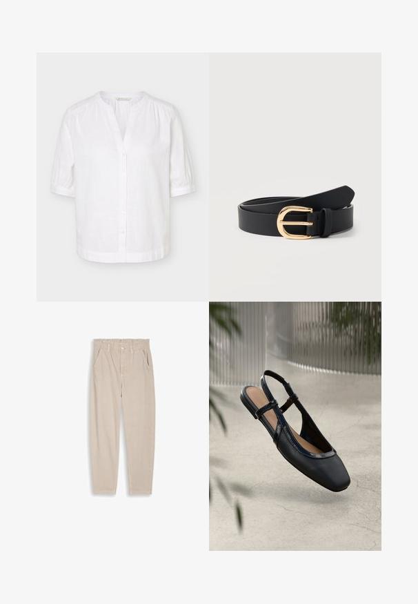 Blouse blanche manches courtes à col mandarin, boutonnée sur le devant, avec légères fronces aux épaules et aux poignets.; Pantalon beige à jambes droites avec taille élastique, passants pour ceinture, fermeture par bouton et poches avant, présenté sur un fond uni.; Chaussure plate slingback en cuir noir avec un orteil carré, dotée d'un fini verni brillant et de sangles ajustables pour un maintien sécurisé.; Ceinture en cuir noir enroulée avec une boucle incurvée dorée brillante et une passant de ceinture sur un fond blanc uni.