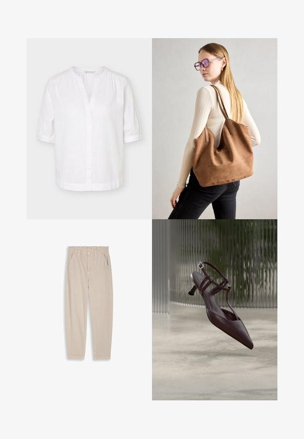 Blouse blanche manches courtes à col mandarin, boutonnée sur le devant, avec légères fronces aux épaules et aux poignets.; Pantalon beige à jambes droites avec taille élastique, passants pour ceinture, fermeture par bouton et poches avant, présenté sur un fond uni.; Escarpin slingback en cuir brun foncé à bout pointu, avec des fines lanières et un petit talon kitten incurvé, présenté sur un fond abstrait.; Sac fourre-tout en daim marron avec une texture douce, grande ouverture et longues sangles. Présente un design simple avec des coutures visibles et sans matériel.