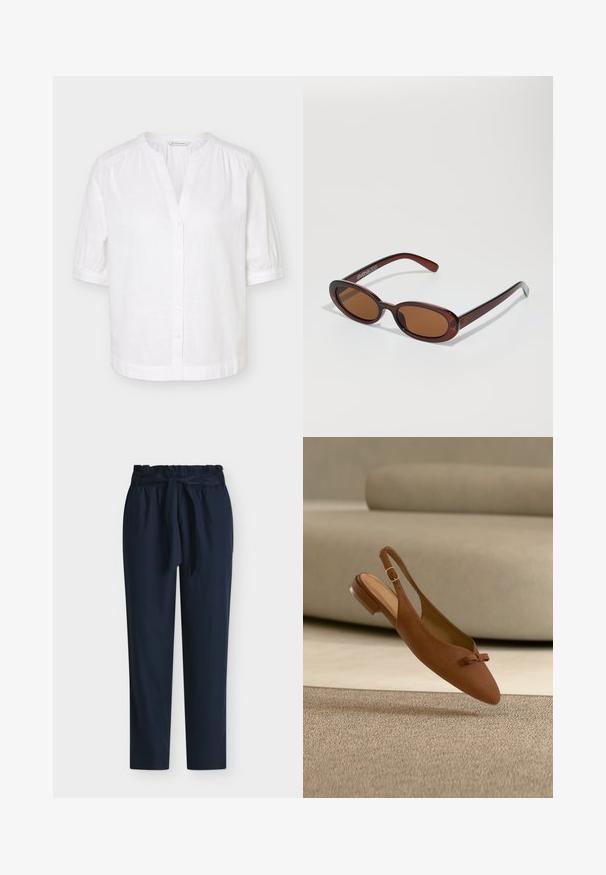 Blouse blanche manches courtes à col mandarin, boutonnée sur le devant, avec légères fronces aux épaules et aux poignets.; Pantalon bleu marine taille haute avec taille paperbag et ceinture en tissu nouée en nœud devant.; Chaussure plate en daim marron à bride arrière avec un petit nœud sur le devant et une boucle dorée, présentée sur un fond de canapé et tapis beige.; Lunettes de soleil rondes teinte brun avec une monture bordeaux brillante. Branches fines avec un détail de marque subtil. Design de verres plats.