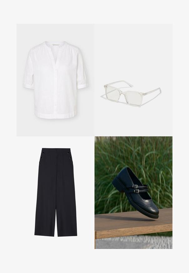 Blusa blanca de manga corta con cuello mandarín, cierre frontal de botones y ligeros fruncidos en los hombros y puños.; Pantalones de pierna ancha en tejido azul marino oscuro, con una textura suave, pliegues delanteros y ojales decorativos en tono dorado en los bolsillos laterales.; Zapato Mary Jane negro de cuero con dobles correas con hebillas y detalles brogue, flotando sobre un banco de madera con fondo de césped verde.; Gafas cuadradas de plástico transparente con lentes translúcidos, que cuentan con acentos dorados en las patillas para un detalle adicional.