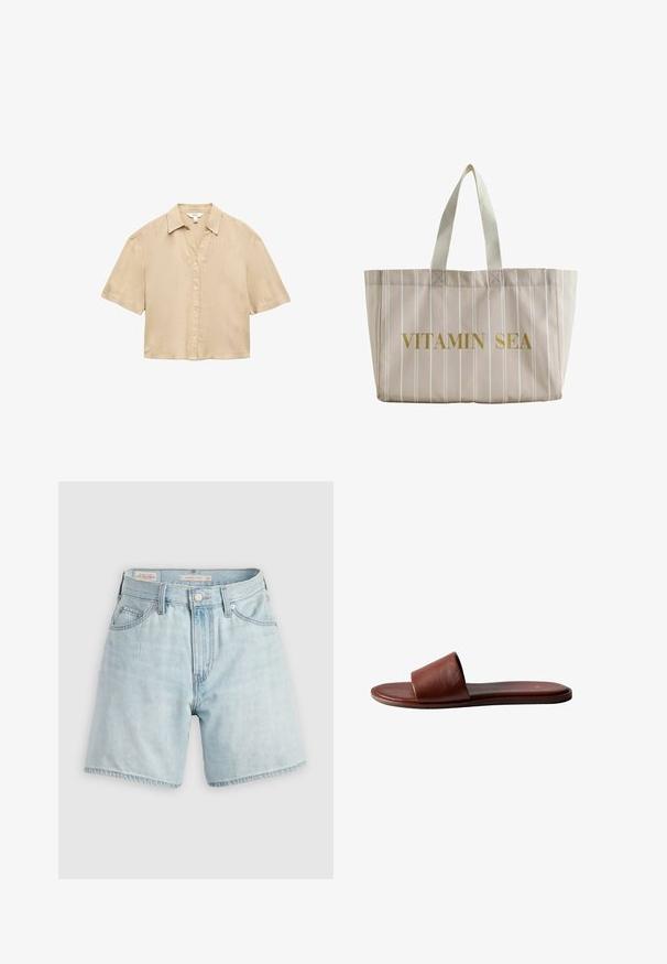 Camisa beige de manga corta con botones y cuello, hecha de tela ligera, mostrada sobre un fondo blanco.; Shorts de mezclilla de lavado claro, de cintura alta, con un diseño de cinco bolsillos, cierre de botón y cremallera plateados, con dobladillo deshilachado y un ligero desgastado.; Sandalia tipo slide de cuero marrón con suela plana y una correa ancha sobre los dedos, mostrada de lado sobre un fondo blanco.; Bolsa tote beige con finas rayas verticales blancas y asas color crema, con texto dorado "VITAMIN SEA" en la parte delantera.