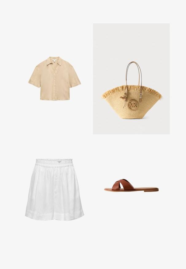 Camisa beige de manga corta con botones y cuello, hecha de tela ligera, mostrada sobre un fondo blanco.; Pantalones cortos de lino blanco con cintura elástica y corte relajado. Presentan una textura suave y dobladillos con puños para un detalle adicional.; Sandalia plana de cuero marrón con diseño de tiras cruzadas. Suela plana con acabado liso y estilo minimalista. Sin herrajes visibles ni adornos.; Bolso tote grande de paja tejida con asas de cuero marrón claro, borde superior con flecos y colgante redondo con el logo MK en la parte frontal.