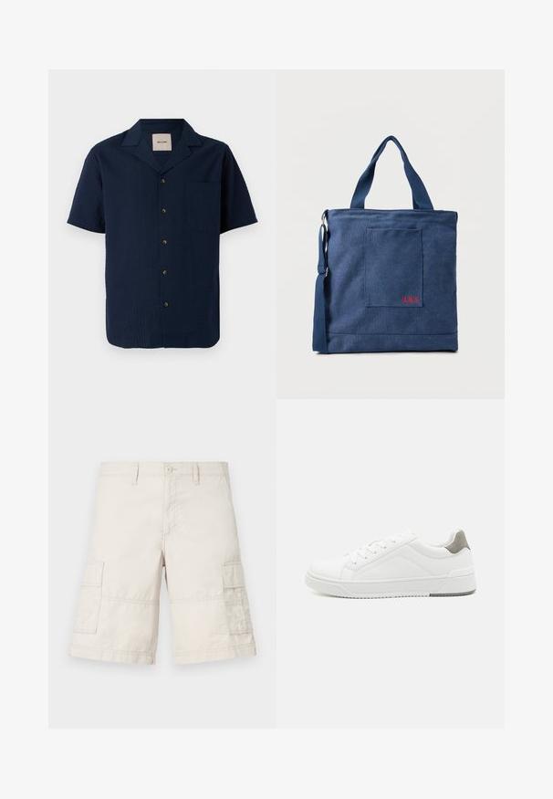 Chemise à manches courtes bleu marine avec un motif texturé, fermeture à boutons et une poche poitrine unique. Le matériau semble léger et respirant.; Shorts cargo beiges en coton léger, dotés de deux poches latérales, d'un bouton de fermeture à l'avant et de détails de couture.; Basket blanche en cuir lisse, à bout arrondi, design minimaliste, accent de talon gris et semelle en caoutchouc texturé.; Sac fourre-tout en toile bleue avec poche frontale et broderie rouge "O.N.S", doté de doubles poignées et d'une bandoulière réglable.