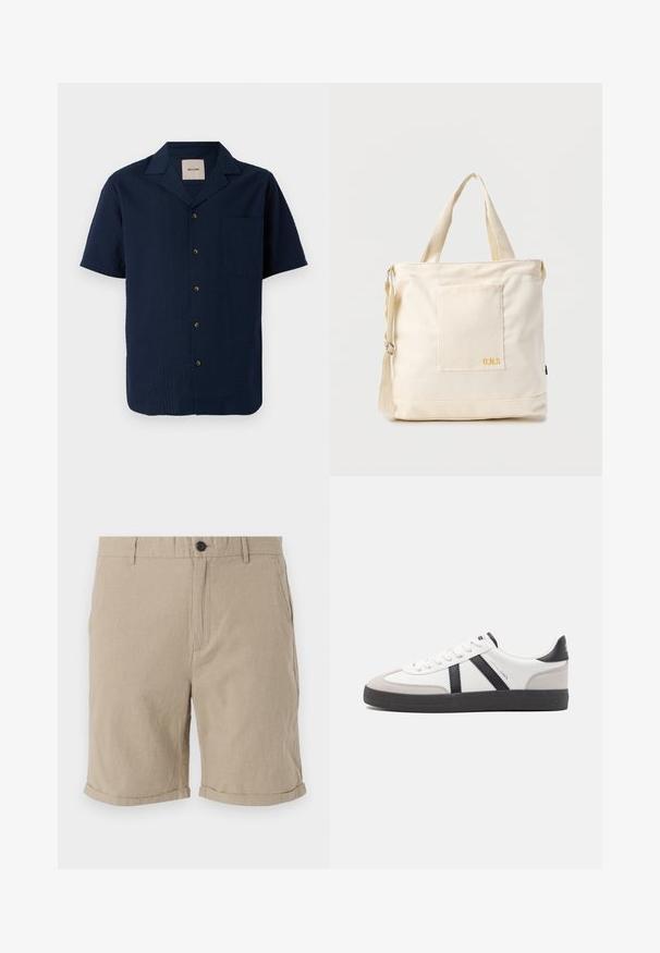 Chemise à manches courtes bleu marine avec un motif texturé, fermeture à boutons et une poche poitrine unique. Le matériau semble léger et respirant.; Shorts en lin beiges avec fermeture à bouton, devant plat, poches latérales et ourlets roulés, présentant un tissu texturé pour la respirabilité.; Baskets blanches avec des accents noirs et gris, présentant un embout texturé gris, une semelle en caoutchouc noir et des lacets plats blancs. Design épuré, style minimaliste.; Sac fourre-tout en toile crème avec poche avant, deux poignées, bandoulière réglable et petit texte jaune "O.N.S" en bas à droite de la poche.