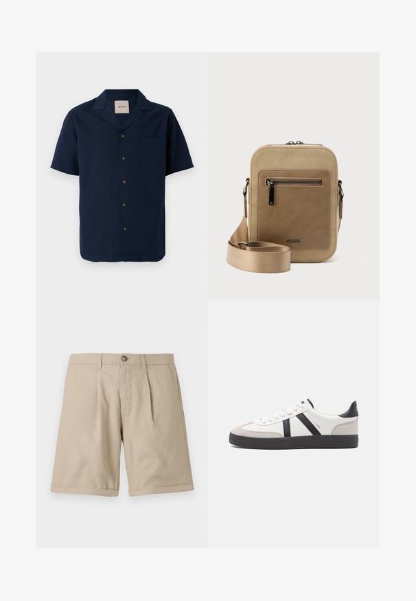 Marineblauw kortemouwen shirt met een gestructureerd patroon, knoopsluiting en een enkele borstzak. Materiaal lijkt lichtgewicht en ademend te zijn.; Beige linnen korte broek met rechte pasvorm, voorzien van voorvouwen, een knoopsluiting en opgerolde zoomdetails. Soepele textuur met een minimalistisch ontwerp.; Witte sneaker met zwarte en grijze accenten, voorzien van een grijze neus met textuur, zwarte rubberen zool en platte witte veters. Schoon ontwerp, minimalistische stijl.; Kleine beige crossbodytas met een voorvak met ritssluiting, metalen ALDO-logo, verstelbare brede band en afgeronde rechthoekige vorm op een witte achtergrond.