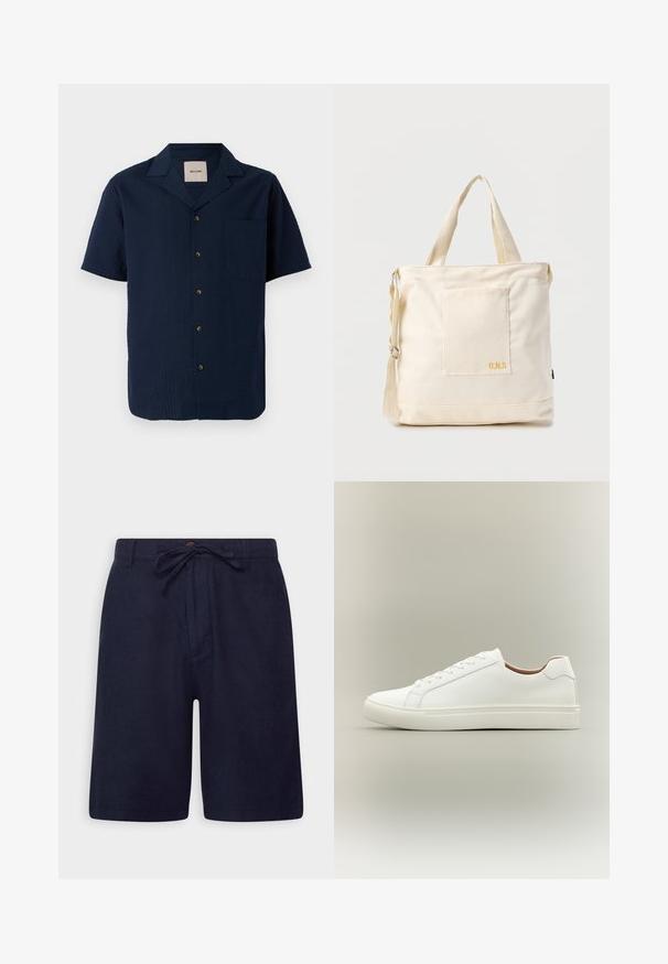 Marineblauw kortemouwen shirt met een gestructureerd patroon, knoopsluiting en een enkele borstzak. Materiaal lijkt lichtgewicht en ademend te zijn.; Marineblauwe shorts van een lichtgewicht stof, met een trekkoord in de taille, een knoopsluiting en zijzakken. Gladde textuur en een getailleerde pasvorm.; Witte lage sneaker met vetersluiting en platte zool, zijwaarts weergegeven op een neutrale achtergrond.; Crèmekleurige canvas boodschappentas met voorvak, twee handvatten, verstelbare schouderriem en kleine gele "O.N.S" tekst rechtsonder op het vak.