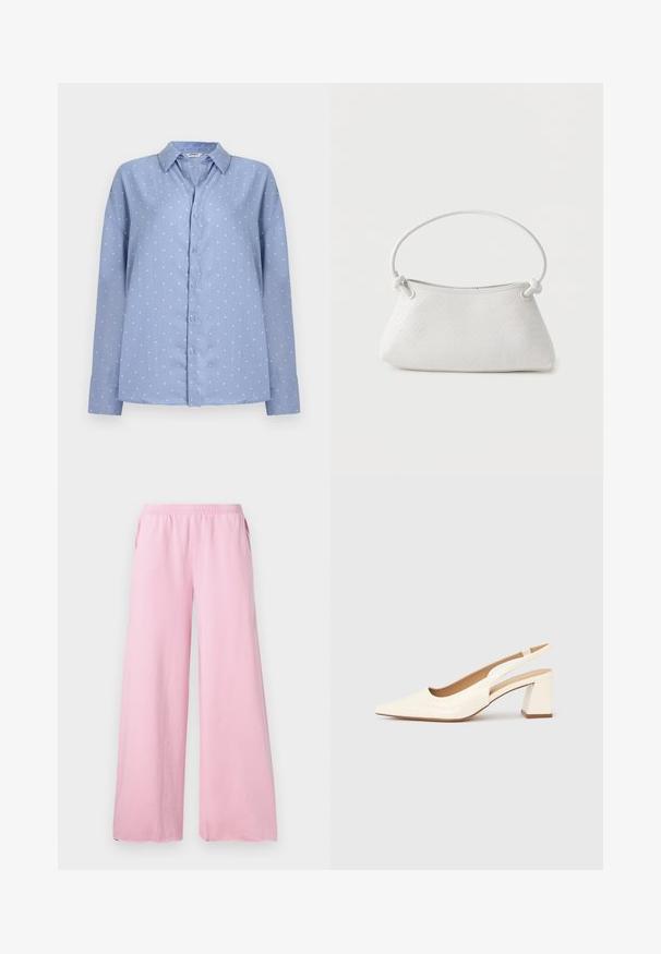 Camisa azul claro de manga larga con botones, con lunares blancos y cuello puntiagudo, mostrada sobre un fondo claro y liso.; Pantalones de pierna ancha rosa, hechos de una tela suave, con una cintura elástica y bolsillos laterales. Presenta un corte recto y fluido.; Zapato de salón con tira trasera en charol crema brillante, con punta afilada y tacón cuadrado grueso para mayor estabilidad. Diseño minimalista, sin adornos.; Bolso de mano de cuero blanco tejido con asa redondeada y extremos de la correa anudados, exhibido sobre un fondo liso.