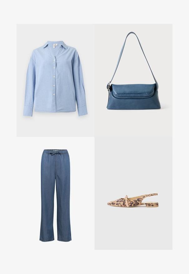 Chemise bleu clair à manches longues avec col, six boutons blancs et coupe décontractée sur fond uni.; Pantalon en denim à jambes larges dans une teinte bleu moyen, doté d'une taille élastique avec un cordon de serrage réglable et d'une coupe droite pour un ajustement décontracté.; Chaussures plates à bride arrière imprimé léopard en beige avec tige en tissu, bout pointu et détail nœud décoratif sur l'empeigne. Talon plat.; Sac bandoulière en cuir bleu avec une longue sangle et une fermeture à rabat, présenté sur un fond clair uni.