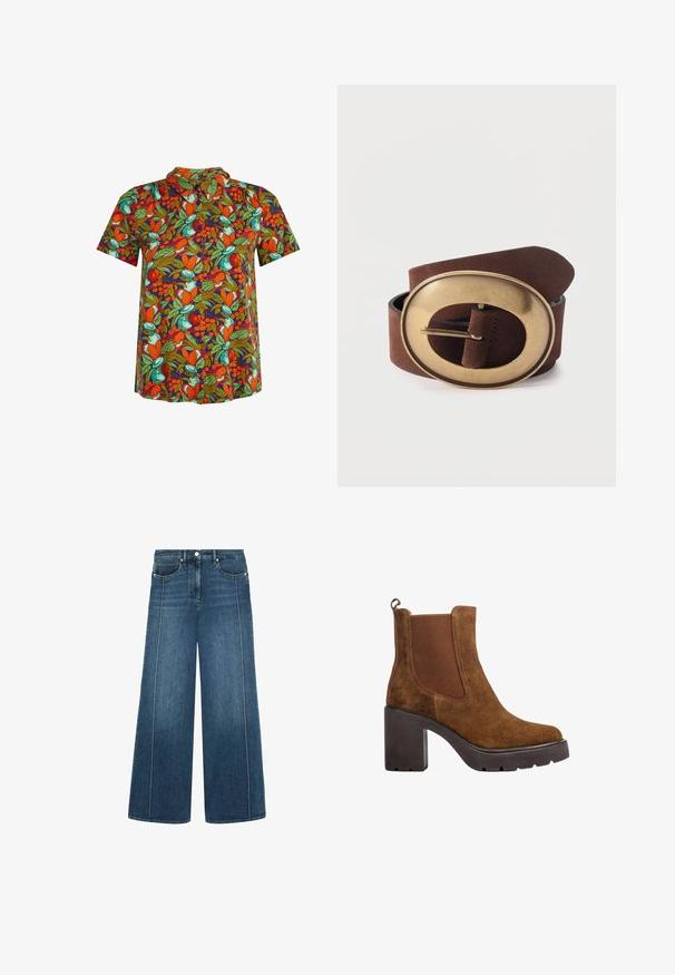 Camisa de manga corta con botones y un vibrante patrón de frutas y hojas en naranja, verde y azul verdoso sobre fondo oscuro.; Jeans de pierna ancha en denim azul oscuro con costuras blancas en contraste, diseño de cinco bolsillos y cierre de botón en la cintura.; Bota de ante marrón hasta el tobillo con tacón negro grueso, panel lateral elástico y lengüeta trasera, mostrada en perfil lateral sobre fondo blanco.; Cinturón de ante marrón enrollado con una gran hebilla ovalada de latón sobre un fondo claro.