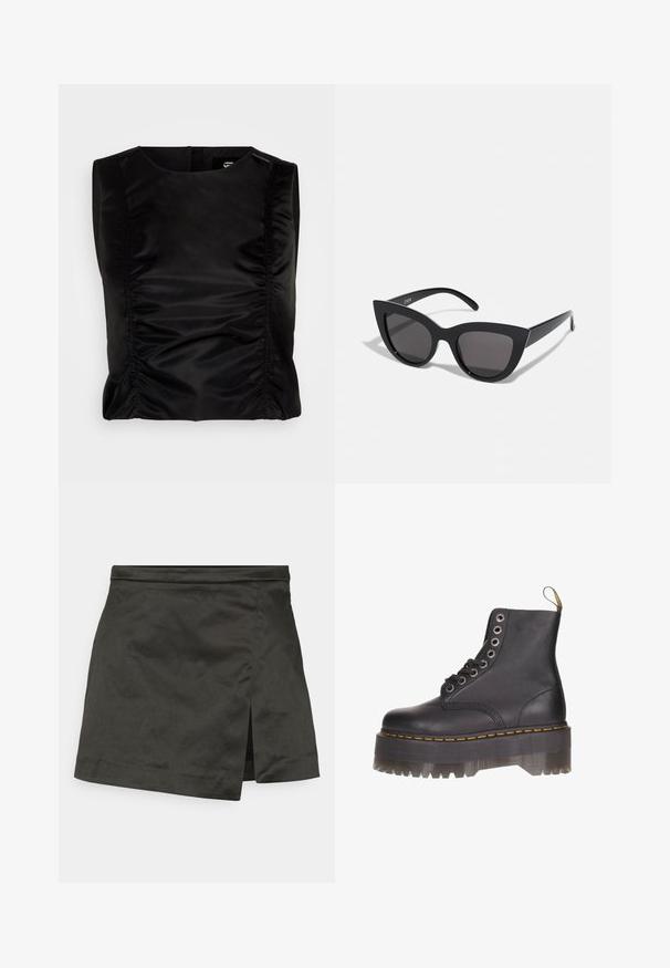 Čierny bezrukávový top s hladkou, lesklou textúrou. Má zhromaždené bočné švy pre tvarovanie. Jednoduchý dizajn s okrúhlym výstrihom.; Weekday MEL MINI SKIRT - Minisukňa - black; Čierne kožené členkové topánky so šiestimi očkami na šnurovanie, žltým vyšívaním a priehľadnou platformou so zúbkovaným okrajom.; Čierne slnečné okuliare v štýle mačacích očí s matným povrchom, so šedými tónovanými sklami, ostrými hranami a elegantnými bokovými ramenami. Názov značky je viditeľný na vnútornom ramene.