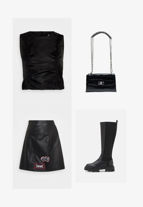 Schwarzes ärmelloses Top mit glatter, glänzender Textur. Verfügt über geraffte Seitennähte zur Formgebung. Einfaches Rundhalsdesign.; Karl Kani PATCHED SKIRT - A-Linien-Rock - black; Schwarze kniehohe Stiefel mit einer glatten Lederfront und einem strukturierten Stoffrücken, ausgestattet mit einer kräftigen, genoppten Sohle und einer Zuglasche für ein einfaches Anziehen.; Schwarze Handtasche aus Krokodilleder mit silbernem Drehverschluss und langem silbernem Kettenriemen mit Leder-Schulterpolster.