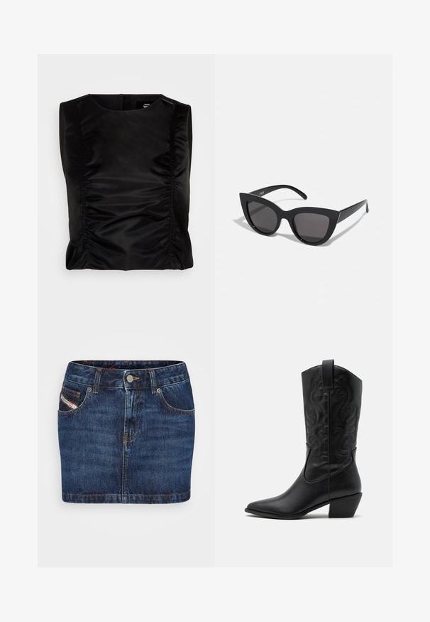 Sort ærmeløs top med en glat, blank tekstur. Har samlede sidesømme for formgivning. Enkel rund halsudskæring.; Denim nederdel i mørkeblå med en tætsiddende design, fem lommer og orange syninger. Har en metalknaplukning i taljen.; Sorte læder cowboystøvler med spids tå, præget svungen mønster og en mid-højde hæl. Har en trækflap for nemt at tage på.; Sorte cat-eye solbriller med mat finish, der har grå tonede linser, skarpe vinkler og slanke sidearme. Mærkenavnet er synligt på den indre arm.