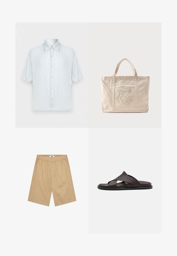 Chemise homme bleu clair à manches courtes en tissu texturé, col classique et fermeture boutonnée devant sur un fond uni.; Shorts en coton beige avec une taille élastique, deux poches latérales et une coupe décontractée. Le tissu a une texture subtile.; Stuart Weitzman BERKLEY - Mules - espresso; Sac fourre-tout en toile beige avec doubles anses et un motif en relief de tête de loup sur la poche avant.