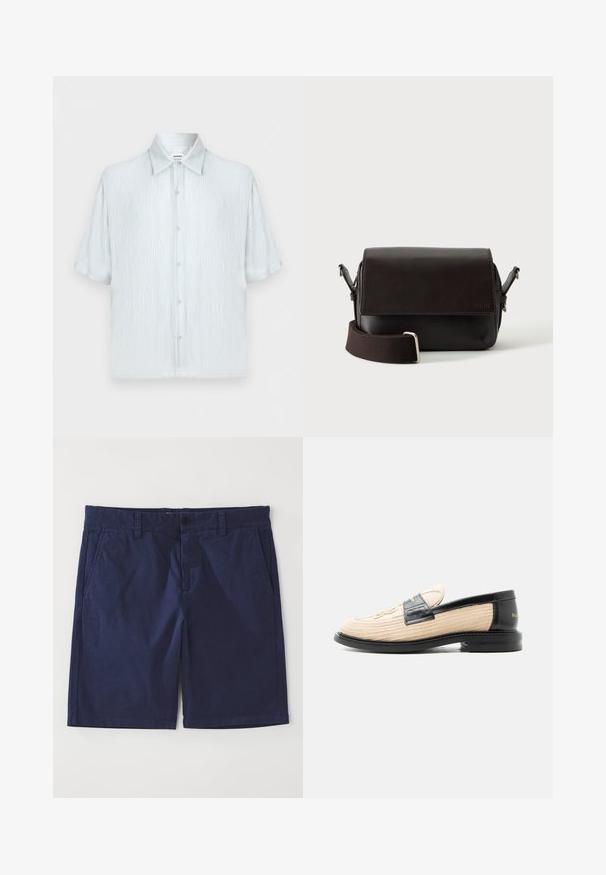 Chemise homme bleu clair à manches courtes en tissu texturé, col classique et fermeture boutonnée devant sur un fond uni.; Shorts en coton bleu marine à coupe droite, avec passants de ceinture, fermeture à bouton devant et deux poches latérales. Texture lisse.; Mocassin tissé beige avec bordure en cuir noir, bout arrondi, semelle noire et motif décoratif cousu sur la partie supérieure.; Sac bandoulière en cuir marron foncé avec fermeture à rabat et sangle en tissu réglable sur fond blanc.