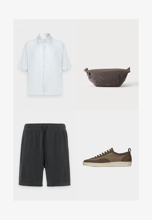 Chemise homme bleu clair à manches courtes en tissu texturé, col classique et fermeture boutonnée devant sur un fond uni.; Shorts gris foncé en matériau doux, avec une taille élastique et un cordon de serrage aux embouts argentés. Design simple sans poches.; Baskets basses marron à profil bas avec lacets blancs, semelle beige, dessus en tissu et daim, languette latérale et logo "Tiger of Sweden" en texte doré.; Sac banane en tissu marron foncé avec poche zippée en diagonale et petit logo blanc sur le devant, sur un fond clair uni.