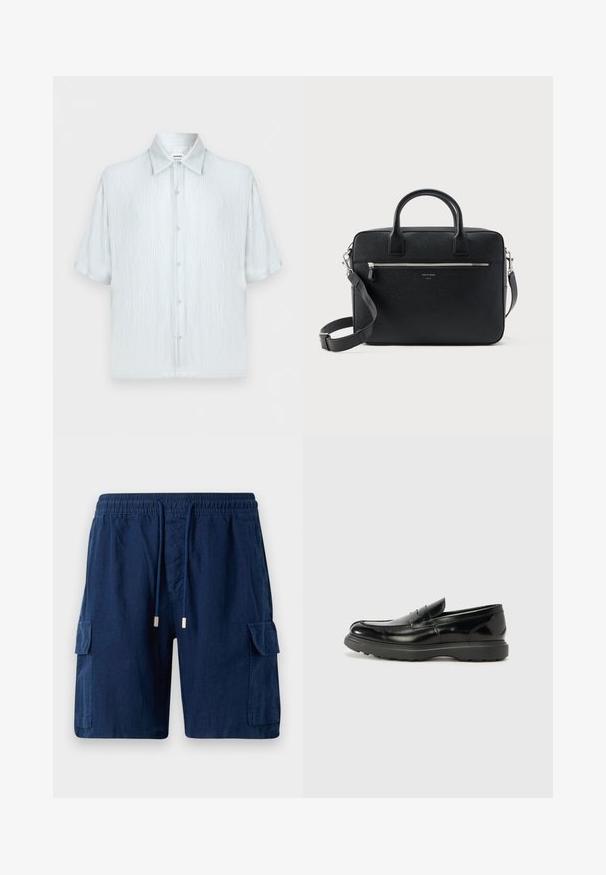 Hellblaues Herrenhemd mit kurzen Ärmeln aus strukturiertem Stoff, klassischem Kragen und vorderer Knopfleiste auf einfarbigem Hintergrund.; Marineblaue Cargo-Shorts aus leichtem Material, mit einem elastischen Bund und Kordelzug, zwei Seitentaschen und einer Beintasche.; Schwarze Lederloafer mit glanzendem Finish, abgerundetem Zehenbereich, subtilen Steppnähten und einer dicken Gummisohle für Langlebigkeit.; Schwarze strukturierte rechteckige Lederaktentasche mit Doppelgriffen, vorderer Reißverschlusstasche und verstellbarem Schultergurt, auf weißem Hintergrund dargestellt.