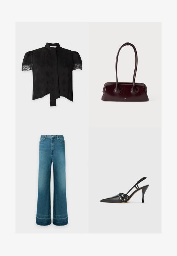 Blusa negra de manga corta con mangas abullonadas con ribete de encaje, tela con patrón sutil y detalle de lazo estrecho en el cuello.; Jeans de mezclilla azul de tiro alto con piernas anchas, cinco bolsillos, cierre de botón y un sutil desgaste cerca de los dobladillos.; Zapato de tacón alto de charol negro con punta afilada, diseño de tiras entrecruzadas y tacón de aguja delgado. Textura suave y acentos mínimos.; Bolso de mano de cuero marrón oscuro brillante con asas largas y finas y una base rectangular estructurada sobre un fondo claro y liso.