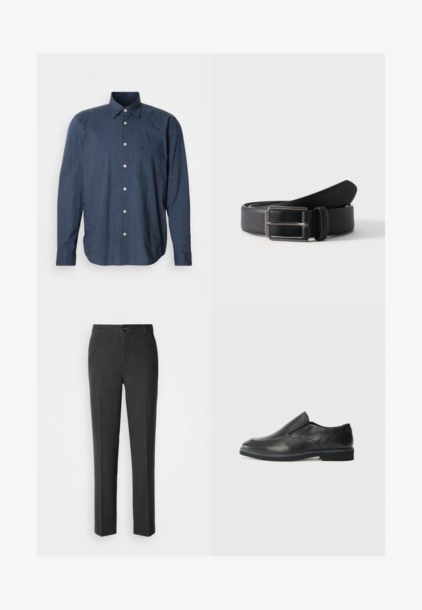 Camisa abotonada azul marino con mangas largas, pequeño patrón de cuadros, un bolsillo en el pecho y botones blancos sobre un fondo liso.; Pantalones oscuros a medida en una tela suave, con cierre de botón, dos bolsillos frontales y un diseño de pierna recta.; Zapato negro de cuero sin cordones con un upper suave, detalles de costura, punta redonda y un bajo tacón de goma. La suela presenta una tracción mínima.; Cinturón de cuero negro enrollado con hebilla rectangular de metal plateado sobre un fondo claro y sencillo.