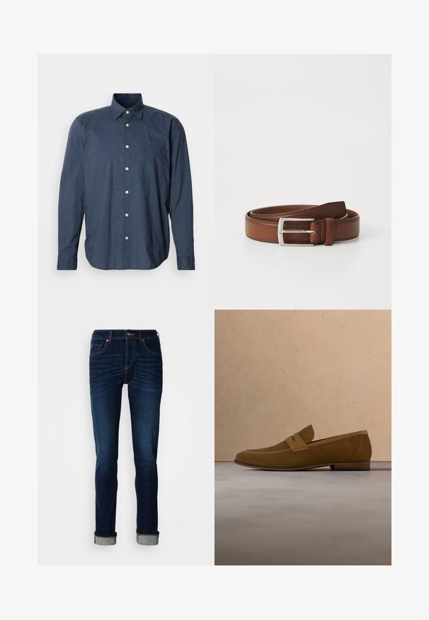 Mørkeblå skjorte med lange ærmer, lille ternet mønster, enkelt brystlomme og hvide knapper på en ensfarvet baggrund.; Dunkelblå jeans med lige ben, lynlås, og opkrøllede kanter. Fremstillet af denim med let falmende farve og kontrastfarvede syninger.; Brun ruskind herre loafer med detaljer af læderrem, vist over et beige tæppe og foran en lys beige sofa.; Brun læderbælte med en glat overflade, præget af en sølvfarvet metalspænde og diskret syning langs kanterne. Klassisk og holdbart design.