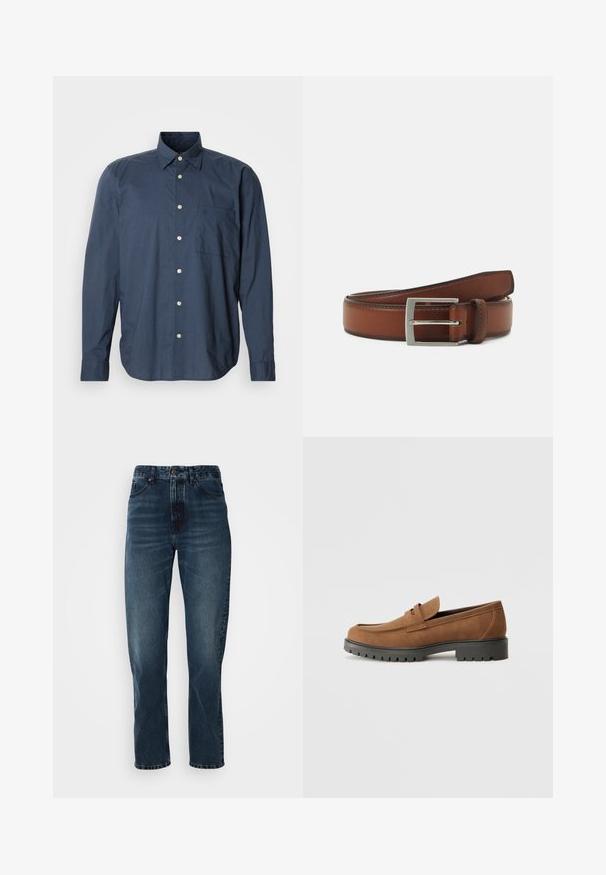 Camisa abotonada azul marino con mangas largas, pequeño patrón de cuadros, un bolsillo en el pecho y botones blancos sobre un fondo liso.; Jeans de pierna recta azul oscuro con cierre frontal de botón y cremallera, diseño de cinco bolsillos y un ligero desgaste en los muslos y las rodillas.; Mocasines de ante marrón con punta redondeada y una suela de goma negra baja, que presentan una correa decorativa y detalles de costura en la parte superior.; Cinturón de cuero marrón con una hebilla rectangular de plata, que presenta costuras sutiles y una textura suave.