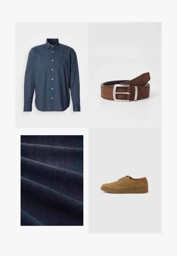 Marineblauw overhemd met lange mouwen, klein ruitpatroon, enkele borstzak en witte knopen op een effen achtergrond.; Donkerblauwe denimstof met een geribbelde textuur, zichtbaar met plooien en golven, die het gewicht en de duurzaamheid benadrukt.; Bruine suède veterschoen voor vrijetijdskleding met een platte rubberen zool, zijaanzicht tegen een eenvoudige lichte achtergrond.; Bruine suède riem met een zilveren metalen gesp en een lineaire stikseldetail. De riem is plat en heeft een klassiek formaat en vorm.